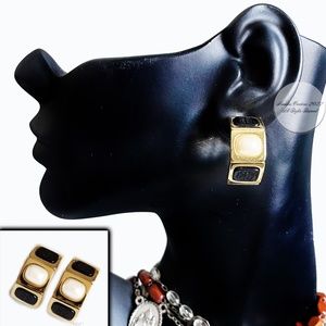 Givenchy Earrings Embossed Logo Stone Faux Pearl Gold Metal Clip Style Vintage